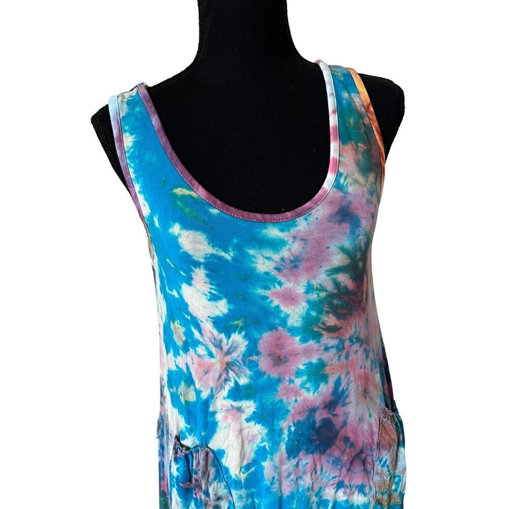 Aloha Fashion Womens Tie Dye Sleeveless Sharkbite Hem Pocket Dress Blue Purple - Picture 3 of 11